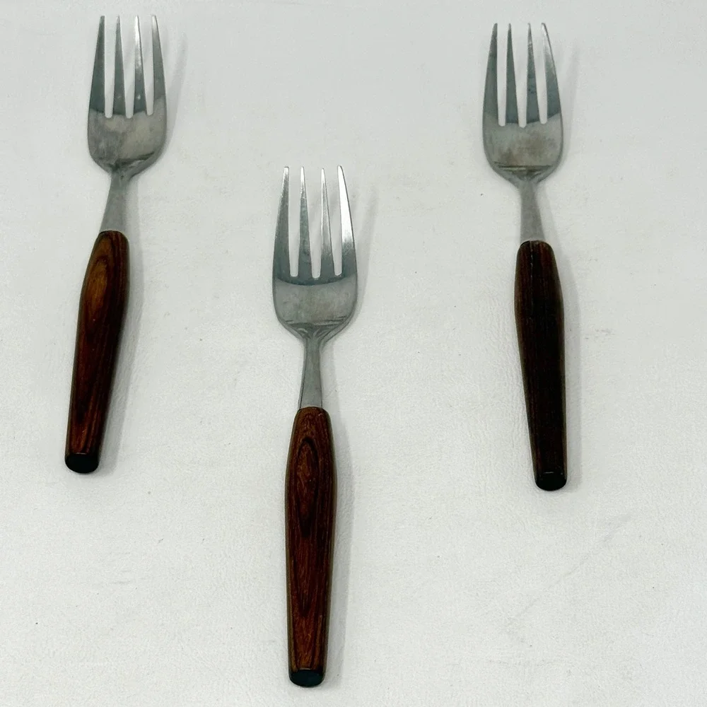 Vintage Mode Danish Stainless Sheffield England‎ 5pc Wood Handle Fork Knife Set